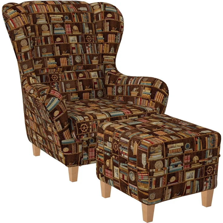 Supellex Sofia Ohrensessel mit Hocker | Design Bibliothek, Bücherregal in Braun – Bild 1