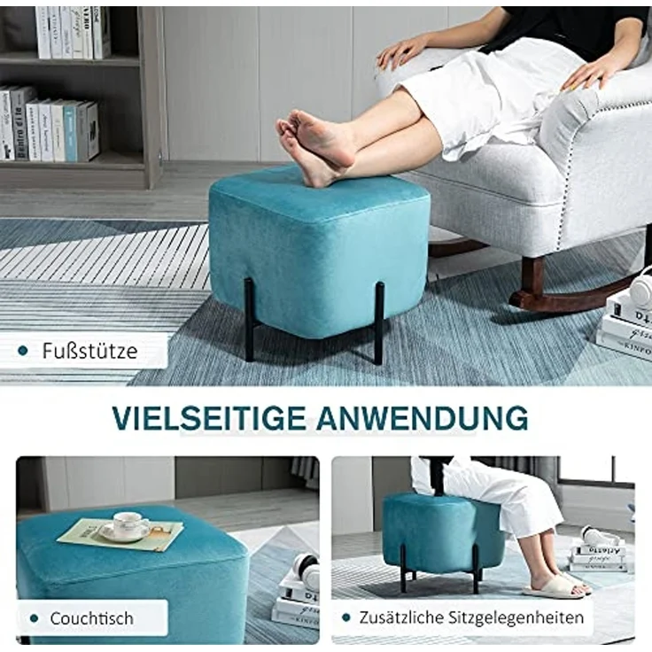 HOMCOM Fußhocker Fußstütze gepolstert (Fußbank, 11 St, Sitzhocker), Türkis 44,5 x 44,5 x 41,5 cm – Bild 5