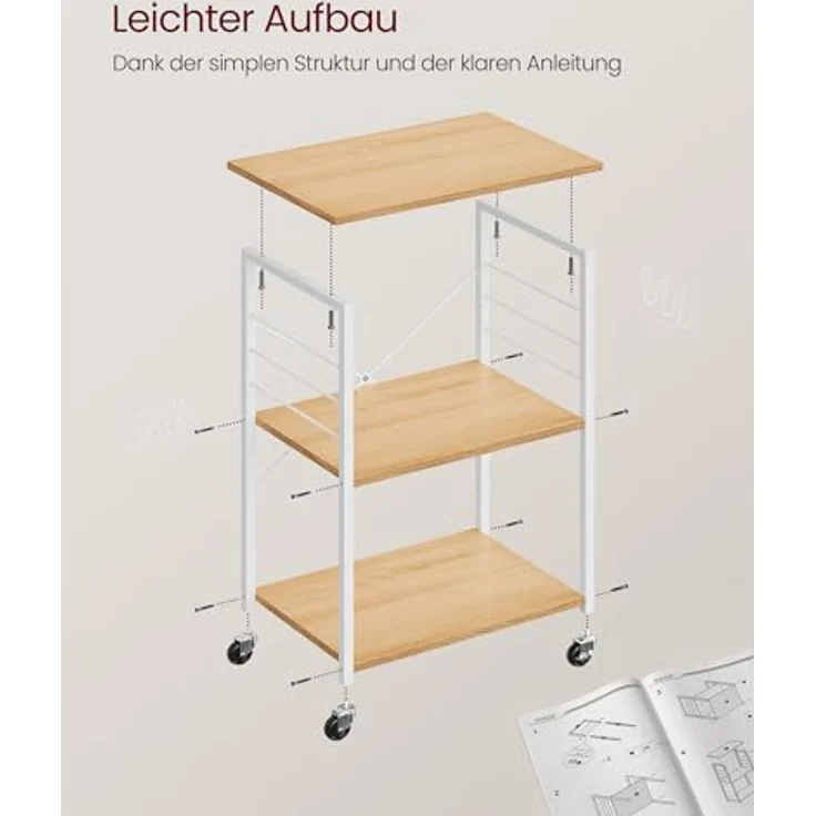 VASAGLE Küchenregal auf Rollen, Servierwagen, 3 Ebenen, Küchenwagen, für Mini-Backofen, Mikrowellen, Metallrahmen, 6 Haken, 40 x 60 x 89 cm, goldeichenfarben-wolkenweiß KKS060Y09 – Bild 8