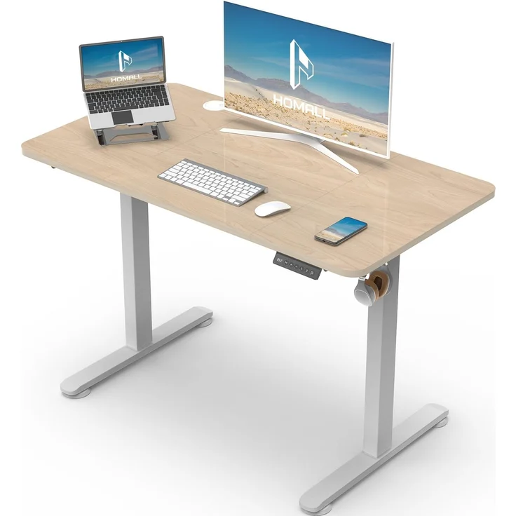 Homall Höhenverstellbarer Schreibtisch 100x60cm mit USB-Anschluss,Beige | Höhe verstellbar 73-118 cm, Memory-Funktion mit 2 Höhen,1 Haken, Bürotisch