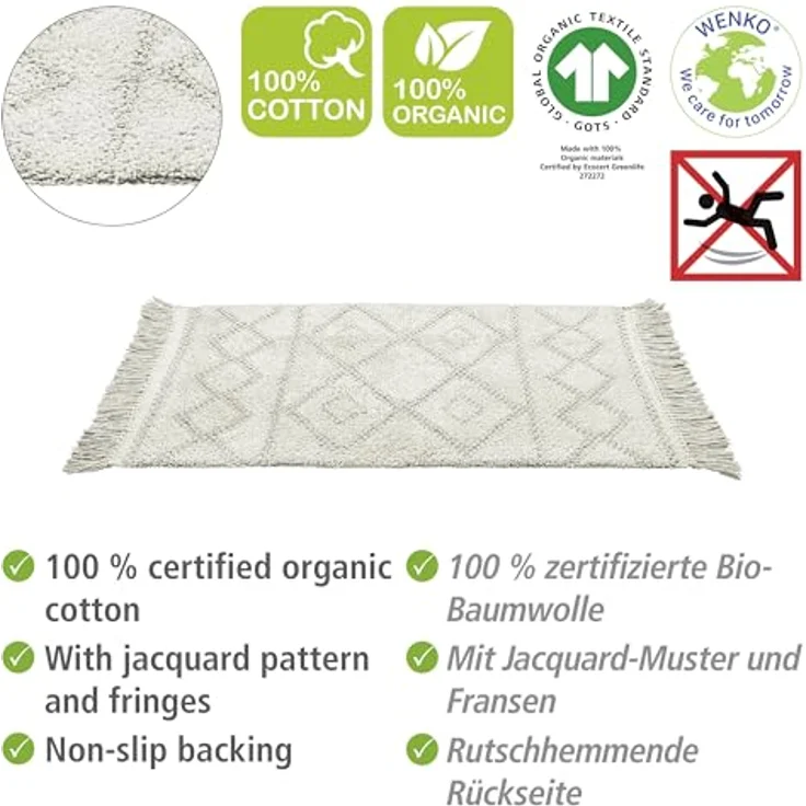 WENKO Badematte Urla Grau, 100 % Bio-Baumwolle, rutschhemmend, 60 x 90 cm, Jacquard-Muster mit Fransen – Bild 2