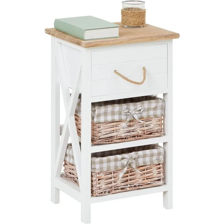 CARO-Möbel Nachttisch Nachtschrank Nachtkommode Perugia in weiß, Shabby Chic Vintage Look, mit Schublade und 2 Körben