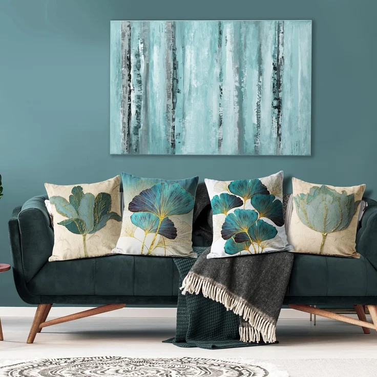 Kissenbezüge 45×45 cm 4er-Set Türkis-Gold Blatt Floral, Outdoor Patio Couch Kissen – Bild 8