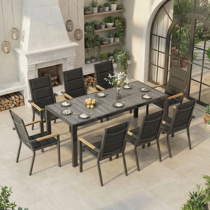 Devoko Gartenmöbel-Set für 8 Personen, HDPS-Tisch 189 cm und 8 stapelbare Aluminium-Stühle, Holzmaserung-Design, Grau