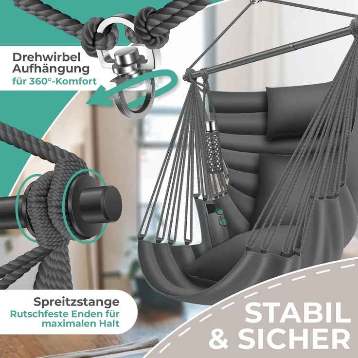 KESSER® Hängesessel Haiti 150kg Traglast, Hängestuhl 360° Drehung, Hängeschaukel Indoor-Outdoor UV-beständig & Wasserfest, Pflegeleicht, Inkl. 2 Kissen, Tragetasche, Flaschenhalter & Montage-Set Anthrazit / Anthrazit – Bild 3