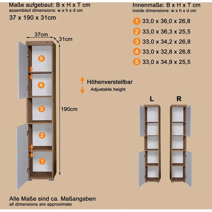 Trendteam 'Amanda' Hochschrank, Holz, Asteiche/Weiß Hochglanz, 190 x 31 x 37 cm – Bild 9