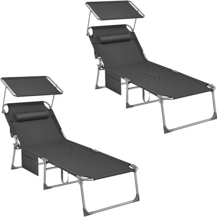 Songmics Gartenliege klappbar, mit Kopfstütze und verstellbarer Rückenlehne, 2x Sonnenliege, mit Seitentasche, Dunkelgrau, 71 x 200 x 38 cm – Bild 4