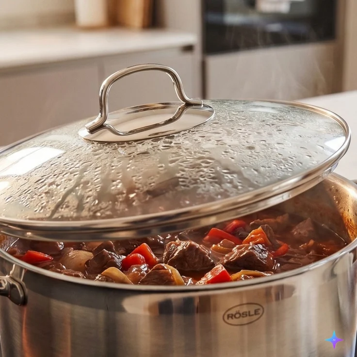 RÖSLE ELEGANCE Gemüse/Partytopf, Hochwertiger Edelstahltopf zum Kochen großer Mengen, 8 Liter, Edelstahl 18/10, Innenskalierung, Induktionsgeeignet, Spülmaschinengeeignet, 33x25. 5x28 cm – Bild 4