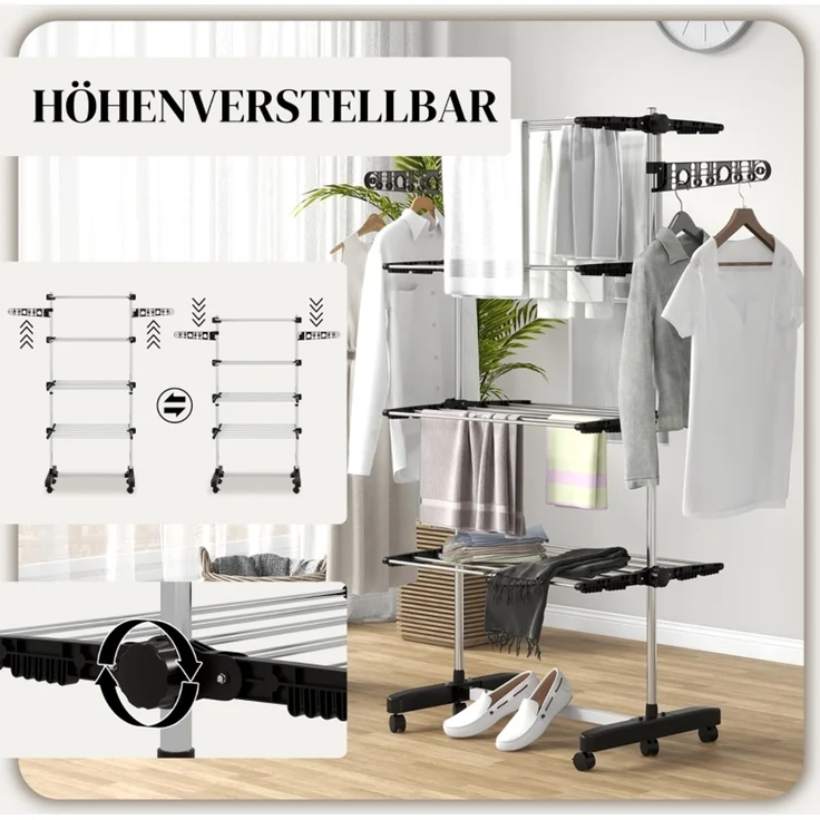 Faumrta Wäschenständer Wäschetrockner 5 Ebenen, klappbar, One-Klick-System, 142 cm x 55 cm x1 72 cm, Schwarz + Silber142CM*55CM*172CMSchwarzStainless Steel – Bild 4