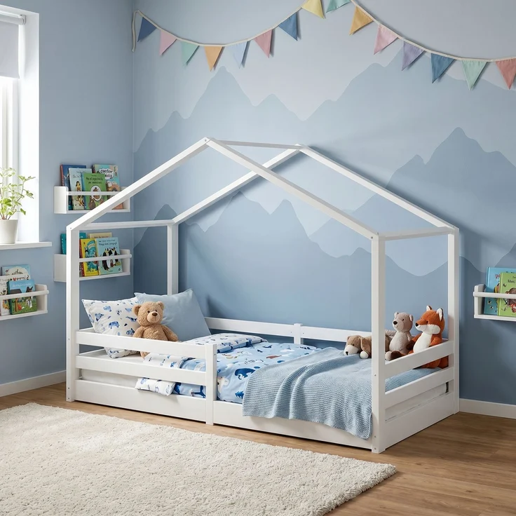 Bellabino 'Abia' Hausbett 90x200 cm mit Matratze, weiß, Kiefer Massivholz, Bodenbett in Hausoptik, Montessori Kinderbett mit Rausfallschutz und Lattenrost – Bild 10