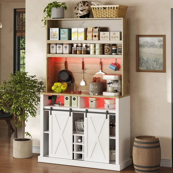 191 cm Küchenschrank, Hochschrank mit LED, Küchenregal mit Steckdose, Haken, Weinregal und Vitrine für Küche & Esszimmer--Natur + Weiß--110x40x191cm--YOUDENOVA – Bild 3