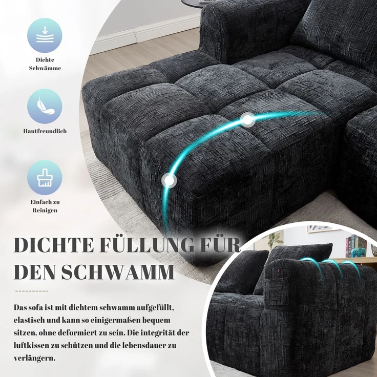 EINHOM Modernes Sektionssofa, L-Sofa, 3-Sitzer-Sofa, keine Installation erforderlich, Chenille-Sofa mit Chaiselongue und Armlehnen, 3 Kissen, Seitentasche für Fernbedienung, Schwarz – Bild 3