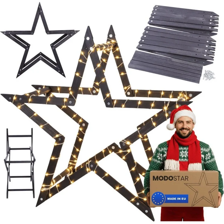 Modo24 Dekostern DIY MODOSTAR Weihnachtsstern Set aus FSC Holz 2D und 3D in 3 Breiten, zum Garten & Terrasse, wetterfest, faltbar & stabil, Weihnachtsdeko – Bild 2