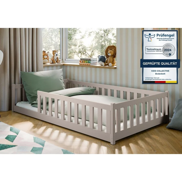 Kids Collective Kinderbett Bodenbett Bett mit Rausfallschutz & Lattenrost Montessori Bett Kinder (Jungen, Mädchen, Kinder, weitere Größen 80x160, 80x180, 90x190, 90x200, 140x200 cm), Jugendbett Einzelbett optional mit Matratze Kaschmir Kiefer 120x200 cm – Bild 1