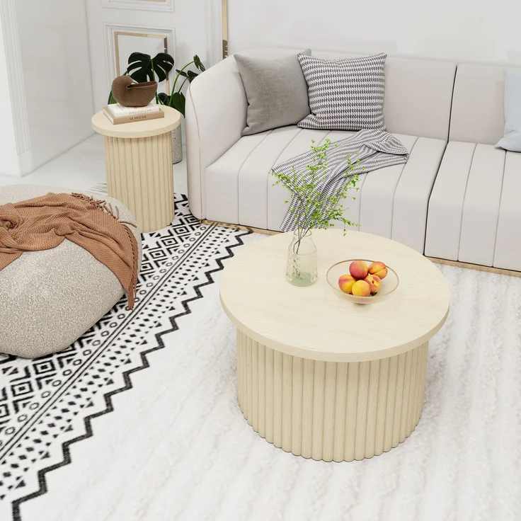 Rundes Couchtisch-Set im 2er-Pack–MDF mit natürlicher Holzoptik,Ø 68.7cm & Ø 40.1cm,stabil und modern – Bild 5