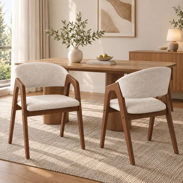 4 Esszimmerstühle aus Massivholz, bequem und atmungsaktiv, geeignet für Esszimmer, Wohnzimmer, Cafés, moderner Stil, Leinenstoff,Walnussholzfarbe + Haferbeige--Nussbaum--55.5x60x83cm--YOUDENOVA – Bild 2