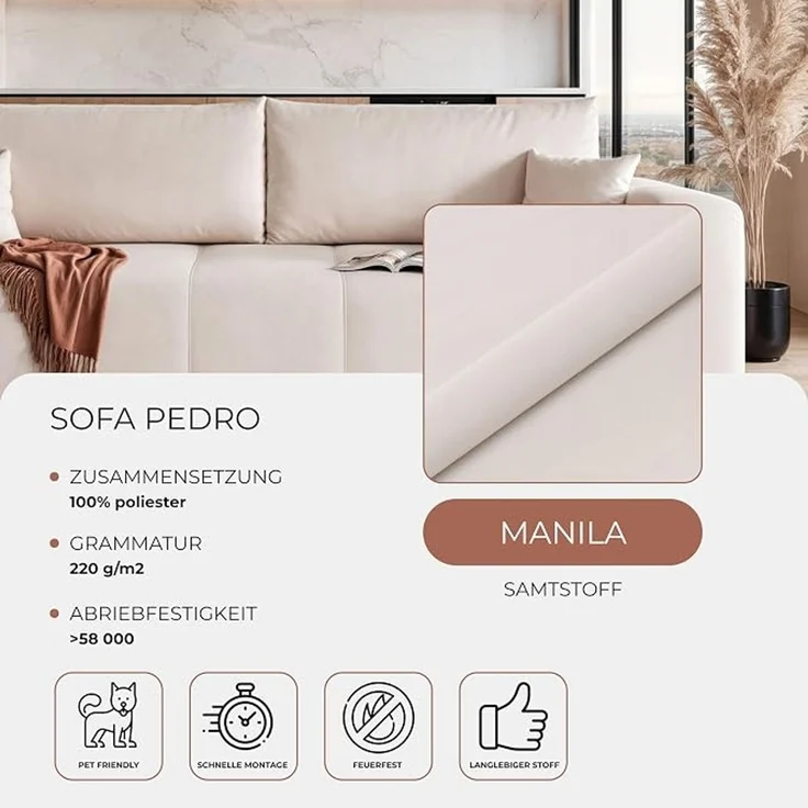 Sofa mit Schlaffunktion (125 x 200 cm) und Bettkasten (Massivholz + MDF), mit Ziersteppung auf der Sitzfläche, 93 x 244 cm – Bild 4