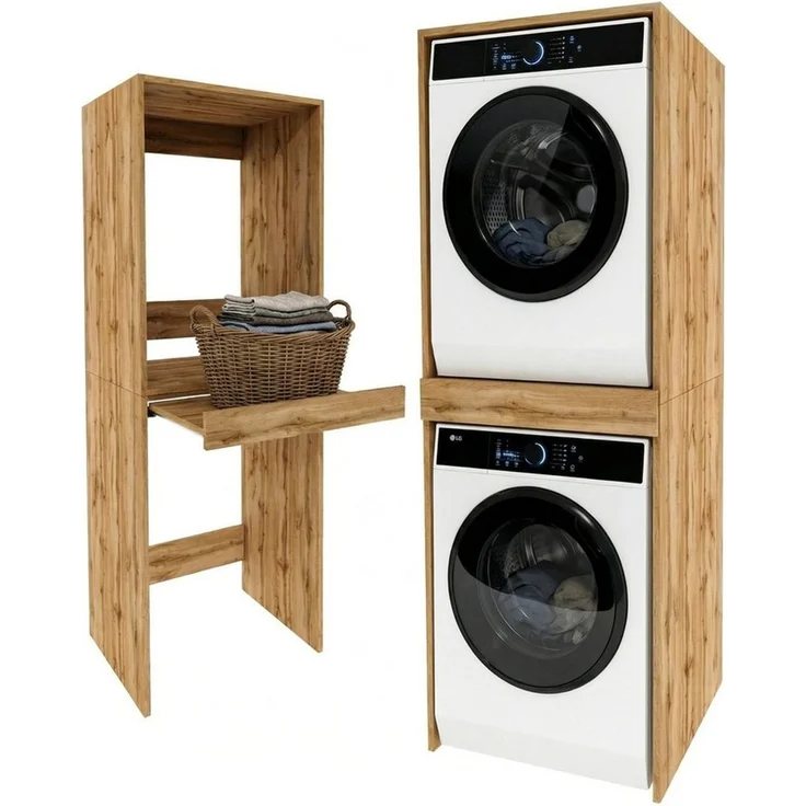 TREND WERK Waschmaschinenumbauschrank 66×64×184 cm - für Waschmaschine & Trockner übereinander (Waschraum Möbel Schrank für Waschküche mit Stauraum) Waschturm für Waschmaschine & Trockner mit Ausziehbrett & Hochschrank – Bild 2