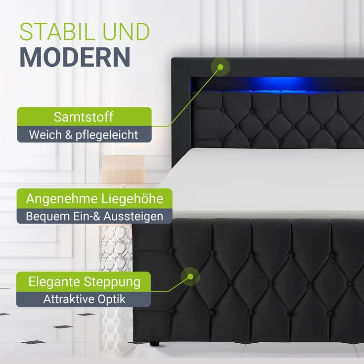Juskys 'Leona' Boxspringbett mit LED Beleuchtung, Topper & Matratze, H4, Samt schwarz, 140x200 cm – Bild 2