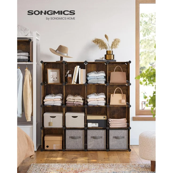 Songmics Schuhregal, Regalsystem, Steckregal, Set aus 16 Würfeln, DIY Regal, stapelbar, aus PP-Kunststoff, als Garderobe, für Schlafzimmer, Büro, 31 x 123 x 123 cm, vintagebraun LPC442A01 – Bild 2
