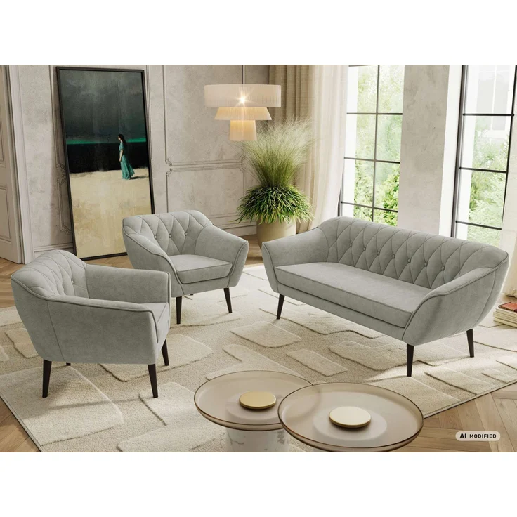 Wohnzimmerset PIRS 1-1-3, Skandinavisches 3-Sitzer Sofa mit Sesseln, Sofa mit Wellenfederung, schwarze Füße, Skandinavisches Möbelset - Hellgrau Stukture – Bild 5