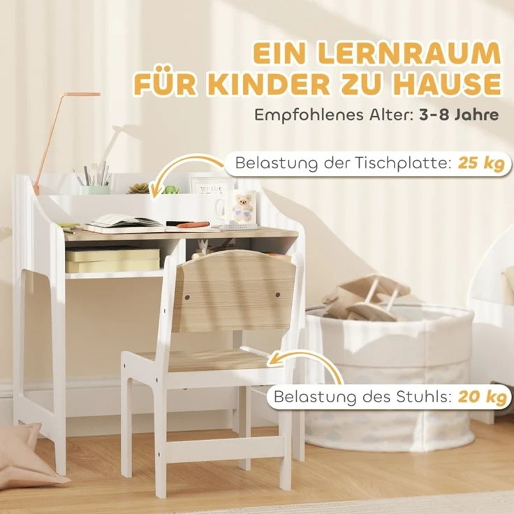 Kinder-Schreibtisch-Set mit Stauraum, offene Fächer, Stuhl, 3-8 Jahre, Holz--Naturholz--60x48x68cm--YOUDENOVA – Bild 7