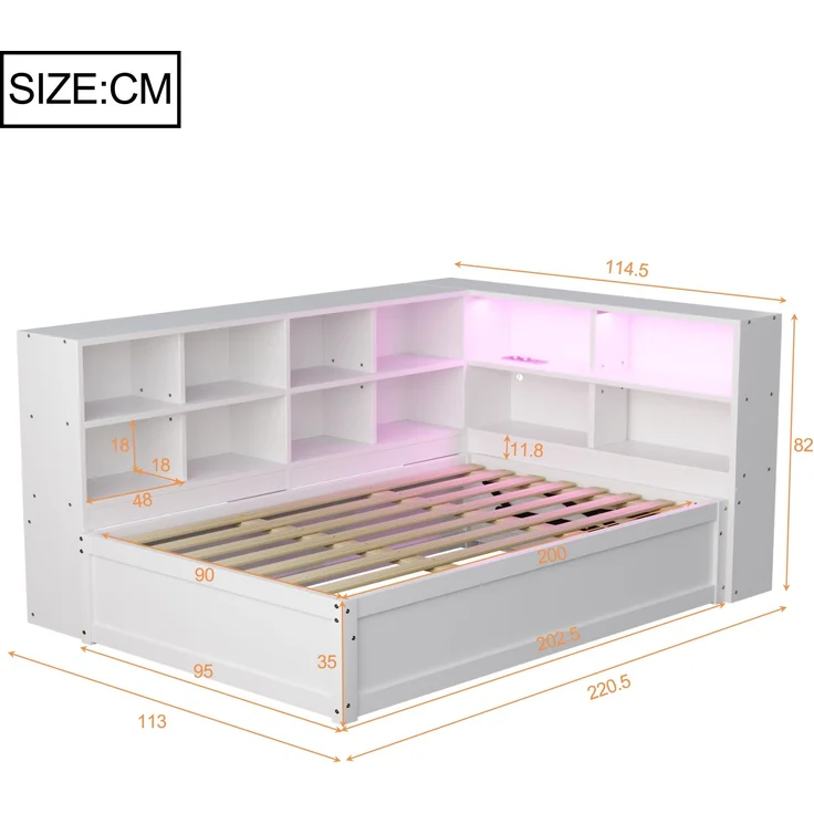 Bett 90x200 cm mit Stauraum und LED-Lichtleiste – multifunktionales Schlafsofa aus Kiefernholz in Weiß – Bild 6