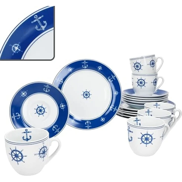 MamboCat Kaffeeservice Ahoi 18tlg Kaffeeservice Porzellan 6Pers Tasse Teller Anker nautisch, Porzellan – Bild 1