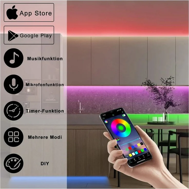 Nettlife LED Stripe Selbstklebend RGB Streifen 10/20/30m APP Steuerung Lichtband, für Schlafzimmer Flur Wohnzimmer TV Hintergrund Kleiderschrank – Bild 2
