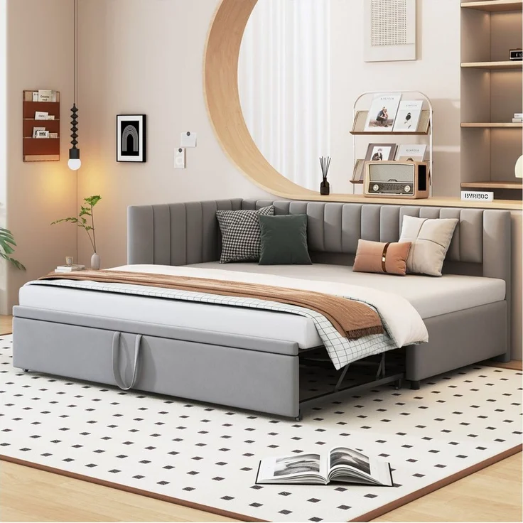 HAUSS SPOLE Schlafsofa 90/180x200 mit Ausziehbett L-förmiges Schlafsofa Hellgrau mit Matratze – Bild 3