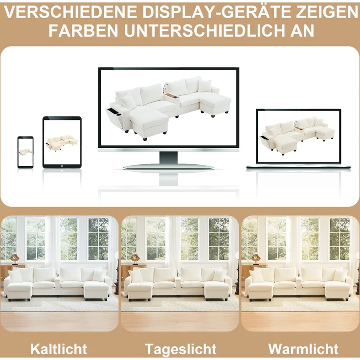 6-Sitzer Wohnlandschaft B 334 x T 128,5 x H 81 cm aus Cord mit USB, Type-C und LED – Bild 8