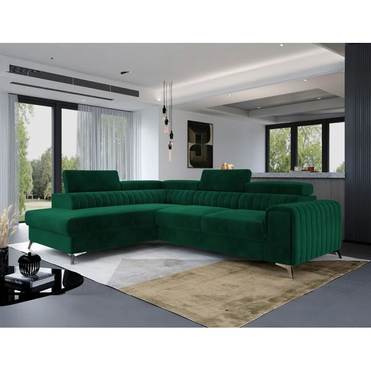 Ecksofa mit Schlaffunktion Sofa ELENI Stoff Kronos Flaschengrün Ottomane Links – Bild 1