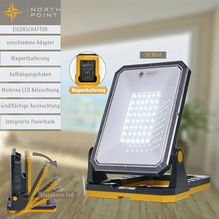 Northpoint LED Baustrahler Akku Arbeitsstrahler 3000lm dimmbar 30W kompatibel mit 7 Akkusystemen – Bild 3