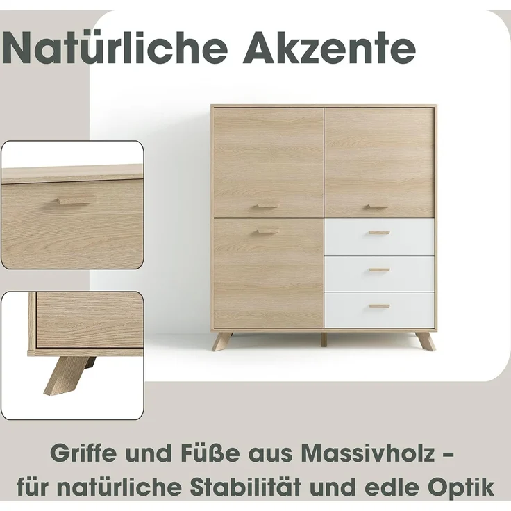 byLIVING Highboard Bastian (1 St), mit massiven Holzfüßen und Griffen, natürlicher Eichenlook, 120cm – Bild 5