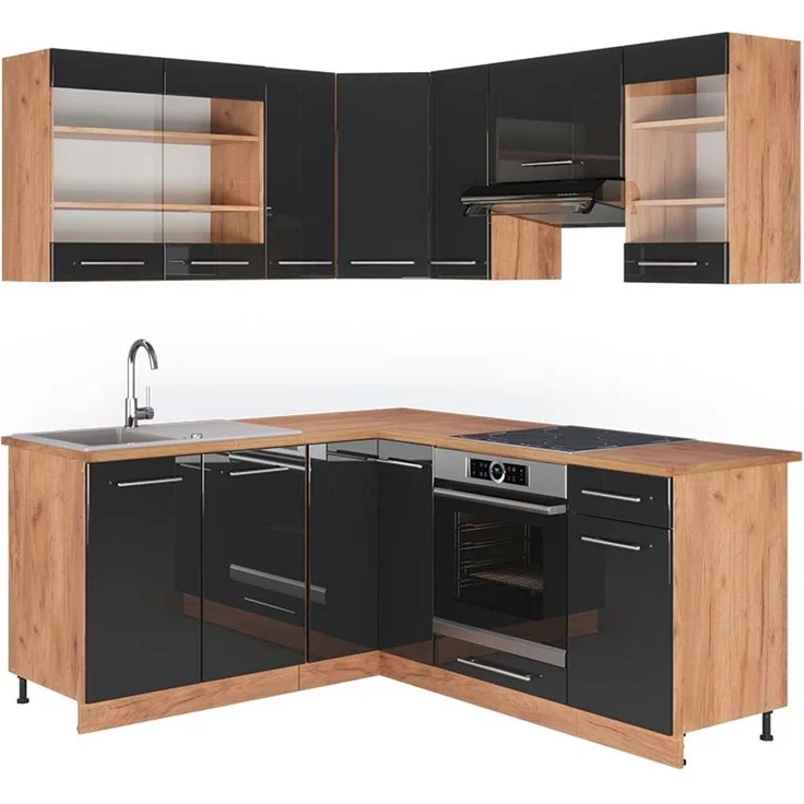 Eckküche Fame-Line Anthrazit Hochglanz/Goldkraft Eiche 190 x 160 cm, AP Eiche Vicco – Bild 1