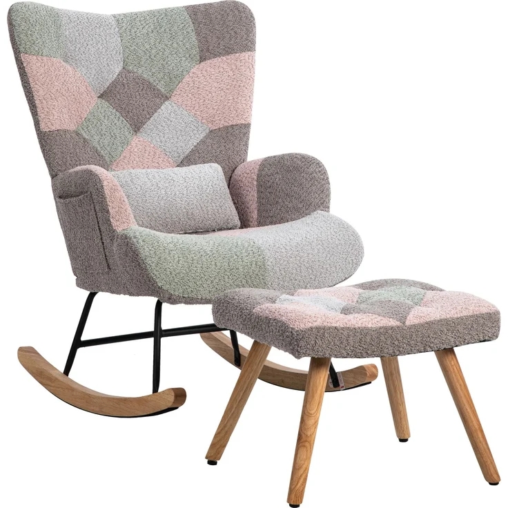 Merax Bequemer bunter Schaukelstuhl, inklusive 1 Fußstütze (49*38*37 cm) und 1 Lendenkissen, stabiles Gestell aus Gummibaumholz, mehrfarbiges Design, Loungesessel – Bild 10