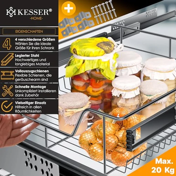 KESSER® Teleskopschublade 30-60cm Schrankbreite verchromt aus Edelstahl Schubladeneinsatz für Küchenschrank Korbauszug Schrankauszug 1x 50cm - Anthrazit – Bild 3