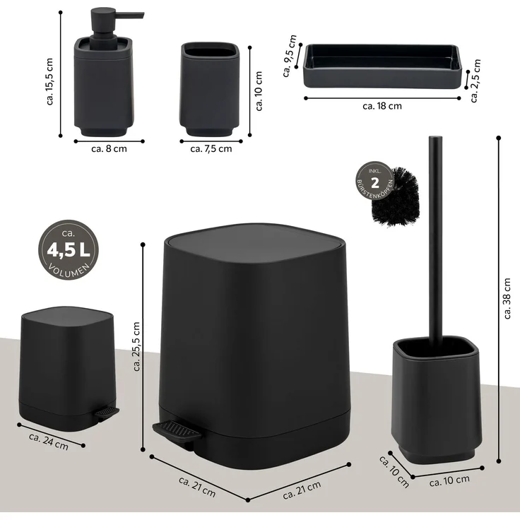 eluno Bad-Set VALONA 5tlg. mit Seifenspender, Becher, Schale, Kosmetikeimer 4,5 Liter und WC-Garnitur aus Kunststoff in Schwarz – Bild 7