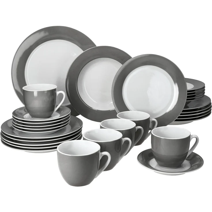30tlg Kombiservice Variant Grau Porzellan 6 Personen Tassen Untertassen Teller – Bild 1