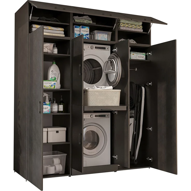 Roomart Waschmaschinenschrank - DORA-I- 190 cm breit - Wasch- & Trocknerschrank mit 2 Hochschränken, Türen & Ausziehbrett, Waschmaschinen-Überbau für Waschküche & Hauswirtschaftsraum • Schwarz-Eiche – Bild 8