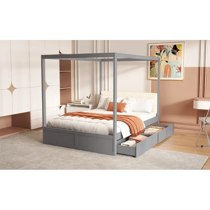 EINHOM Himmelbett 140 x 200 cm mit Großen Schubladen und Weicher Rückenlehne, Holz Bett Grau (Ohne Matratze) – Bild 6