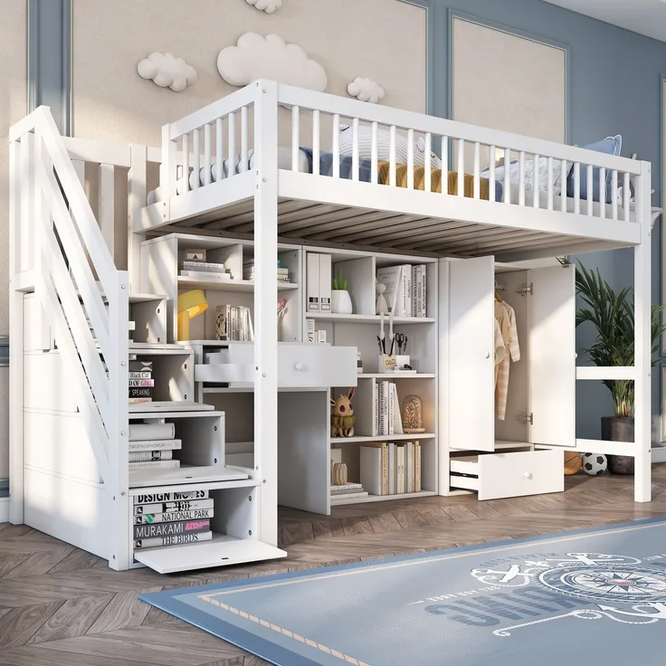 Kindereinzelbett 90×200 cm aus Massivholz und MDF mit Schreibtisch und Treppe, weiß