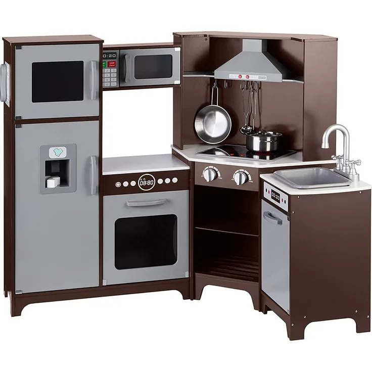 Amazon Basics hölzerne Eckküche für Kinder, Spielset mit interaktiven Türen, Knöpfen und Lichtern, 99 x 71 x 89 cm, Braun (Espresso)/Grau