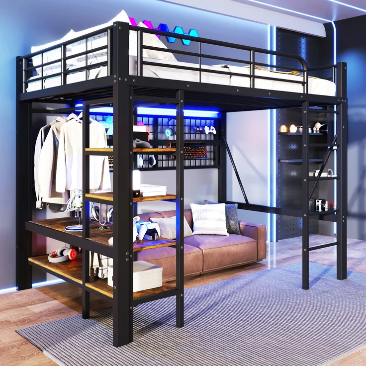 Hochbett, 140x200 cm, Eisenrahmen, Ablagefach, Netz zum Aufhängen von Gegenständen, mit Kleiderstange, offener Raum unter dem Bett, mit LED-Lichtleiste, ohne Matratze, Schwarz – Bild 4
