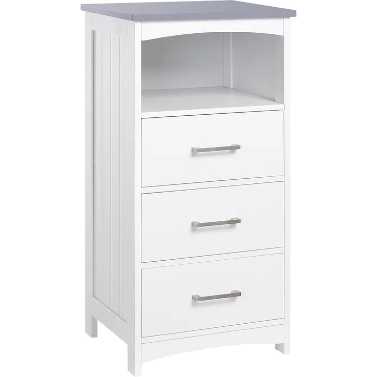 kleankin Badezimmerschrank Badschrank Badkommode mit 3 Schubladen und offenem Fach Badschrank schmal Modern Weiß 40 x 33 x 80 cm
