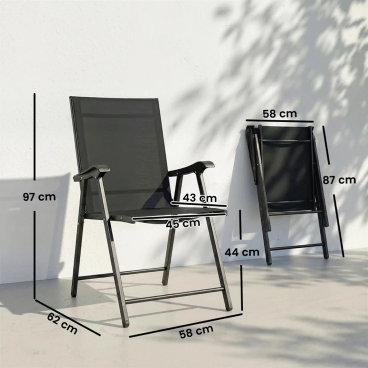 2er-Set Klappstuhl Gartenstuhl klappbar mit hoher Rückenlehne Armlehne Stahl Texteline 58 x 62 x 97 cm Schwarz--Schwarz--62x58x97cm--YOUDENOVA – Bild 3