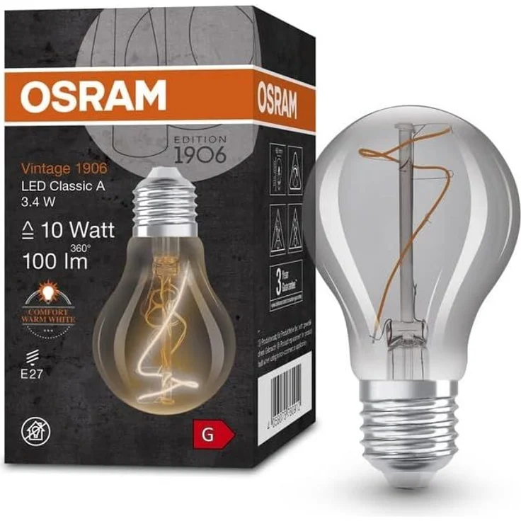 OSRAM Lamps Vintage 1906 LED-Lampe mit Smoke-Tönung, 3, 4W, 100lm, Glühlampenform (Classic A) E27-Sockel, warmweiße Lichtfarbe, nicht dimmbares Filament, bis zu 15.000 Stunden Lebensdauer – Bild 1