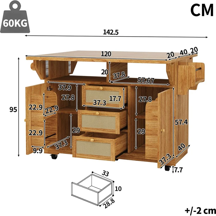 Küchenwagen mit Klappplatten, B 142,5 x T 80 x H 95 cm, MDF und PE-Rattan, erweiterbar – Bild 5