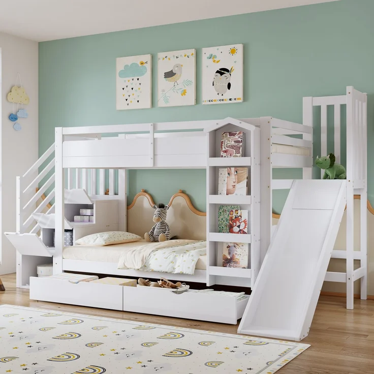 Merax Etagenbett, 90x200cm Kinderbett, Mit Bilderbuchregal, zwei Schubladen auf Rollen und Kinderrutsche, Treppenaufbewahrungs-Schrank, Weiß – Bild 5
