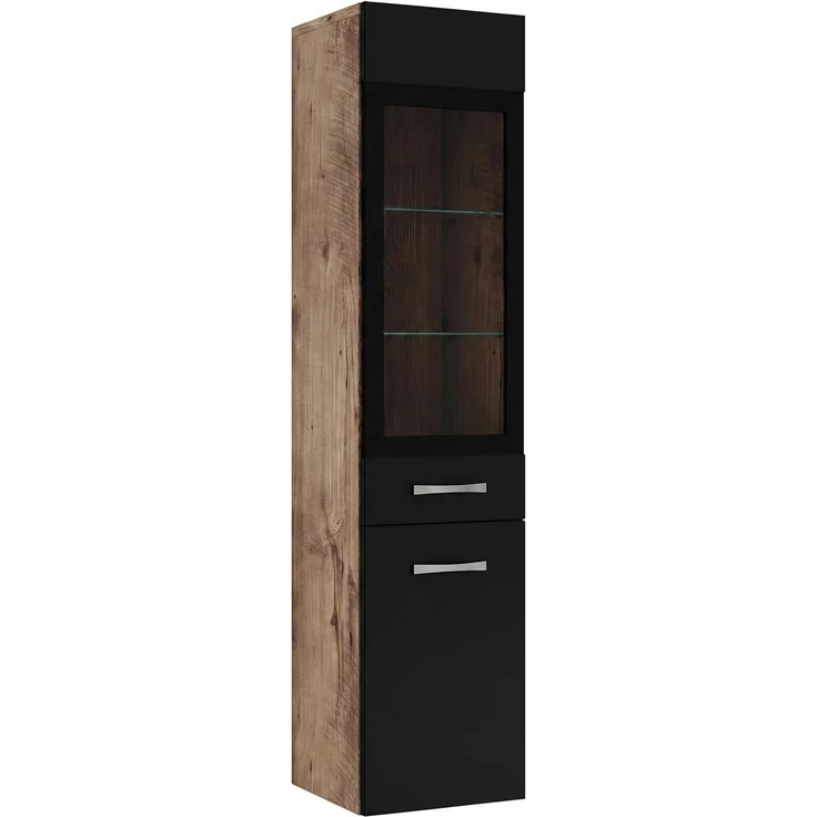 Badezimmer Schrank Rio 131 cm Eiche Kastanie mit Schwarz – Regal Schrank Hochschrank Schrank Möbel Badschrank – Bild 1
